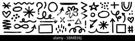 Pinselfarbe mit abstrakter Form. Handgezeichneter Buntstift-Markierungsstrich abstrakte Form Pfeil, Blob, Linienstruktur. Markierpfeil, geometrische Sternsymbole im Hintergrund mit farbigem Grunge. Vektorabbildung Stock Vektor