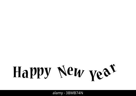 Der geschwungene schwarze Text „Happy New Year“ verläuft über einen breiten, flachen weißen Hintergrund Stockfoto