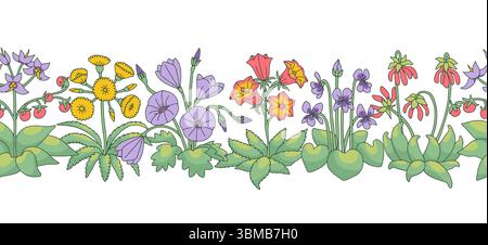 Streifenmuster mit Blumen der kanarischen Inseln. Horizontaler, nahtloser Blumenrand mit handgezeichneten Millefleur-Pflanzen Stock Vektor