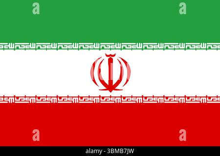 Flache dreifarbige Flagge des Iran mit rotem Emblem und Kufic-Schrift auf transparentem Hintergrund Stockfoto