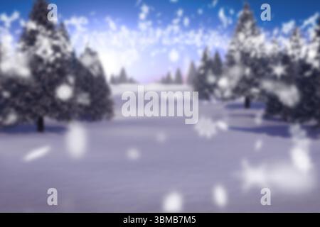 Die Winterlandschaft in flachem Design mit schneebedeckten Evergreens und treibenden Schneeflocken Stockfoto