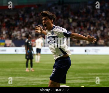 Vancouver, Vancouver, Bc, Kanada. Juni 2025. Vancouver Whitecaps-Verteidiger Math'edas Laborda (2) feiert den 2. Platz der Vancouver Whitecaps während des regulären Saisonspiels von MLS Vancouver Whitecaps FC gegen San Diego FC am BC Place am 25. Juni 2025 in Vancouver, Kanada. (Foto: Tomaz Jr/Pximages) (Credit Image: © Tomaz Jr/PX Imagens via ZUMA Press Wire) NUR REDAKTIONELLE VERWENDUNG! Nicht für kommerzielle ZWECKE! Stockfoto