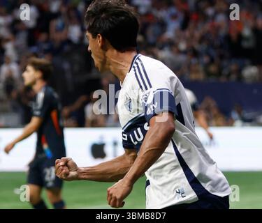 Vancouver, Vancouver, Bc, Kanada. Juni 2025. Vancouver Whitecaps-Verteidiger Math'edas Laborda (2) feiert den 2. Platz der Vancouver Whitecaps während des regulären Saisonspiels von MLS Vancouver Whitecaps FC gegen San Diego FC am BC Place am 25. Juni 2025 in Vancouver, Kanada. (Foto: Tomaz Jr/Pximages) (Credit Image: © Tomaz Jr/PX Imagens via ZUMA Press Wire) NUR REDAKTIONELLE VERWENDUNG! Nicht für kommerzielle ZWECKE! Stockfoto