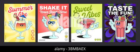 Groovige Cocktail-Poster mit Retro-Charakteren – tropische Drinks im Sommer in Gläsern mit Vintage-Typografie. Lustige psychedelische Getränke tanzen, Hände winken, Friedensgesten zeigen. Stock Vektor