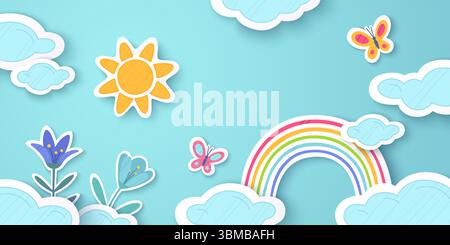 Papier geschnittene Regenbogenszene mit bunten Bogen zwischen Wolken auf blauem Himmel Hintergrund - gelbe Sonne, Schmetterlinge, Blumen im Layered-Stil für Kinderdekoration. Federblattdesign mit hellen Streifen. Stock Vektor