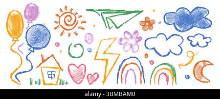 Lebendige Buntstift-Kritzelgemälde mit kindlichen geometrischen Formen und verspielten Kritzeleien. Farbenfrohe handgezeichnete Elemente im skizzenhaften Stil für die Kreativität Ihrer Kinder. Fröhliche Sammlung abstrakter Illustrationen. Stock Vektor