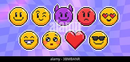 Pixel-Emoticon-Set – 8-Bit gelbe Gesichter mit Lächeln und Zwinkern, Teufelshörnern und wütendem Ausdruck, Herzaugen und Lachen, überraschtem Erröten, roter Liebesform und coolen Sonnenbrillen-Aufklebern. Stock Vektor