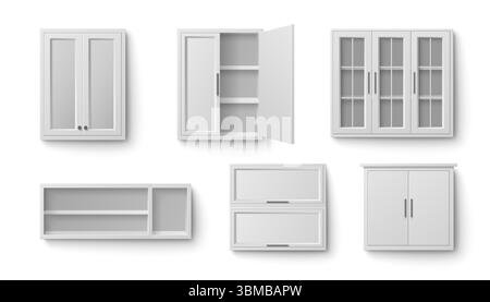 Weiße Küchenschrankkollektion in verschiedenen Aufbewahrungsarten. Verschiedene wandmontierte Einheiten mit Glastüren, offenen Regalen, geschlossenen Paneelfronten und oberen Möbelstücken für moderne Wohnorganisation. Stock Vektor