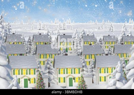 Flacher Winterblick mit schneebedeckten 2-stöckigen Häusern mit grünen Fensterläden, Lichterketten und Schneeflocken Stockfoto