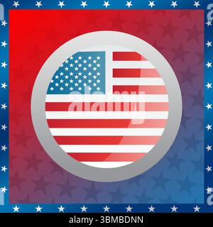 Das flache Design zeigt einen Silberring mit US-Flagge und einen gepunkteten Sternrand über einem rot-blauen Farbverlauf Stockfoto