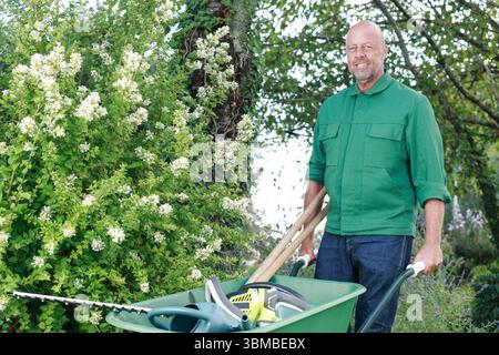 Senior Mann, der Gartengeräte in Schubkarre transportiert Stockfoto