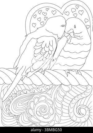 Schwarz-weiße Strichgrafik-Illustration mit zwei Wellensittichen oder Liebesvögeln, die zusammen sitzen und Liebe und Gesellschaft symbolisieren. Die Vögel sind gerahmt b Stock Vektor