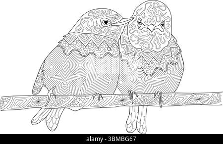 Detaillierte schwarz-weiße Strichgrafik-Illustration, die zwei Vögel zeigt, die auf einem Ast zusammensitzen, in einem komplizierten zentangle-Muster dargestellt sind. Die Stock Vektor