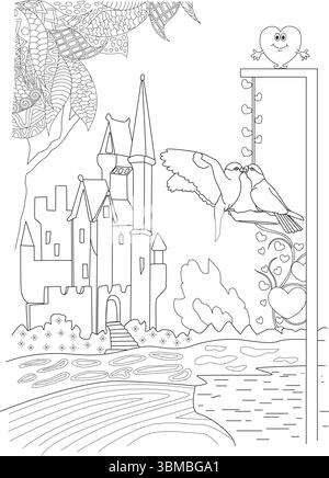 Schwarz-weiße Strichgrafik-Illustration für Malseiten oder verschiedene Designprojekte. Zeigt eine romantische Szene mit zwei Liebesvögeln, die sich küssen Stock Vektor