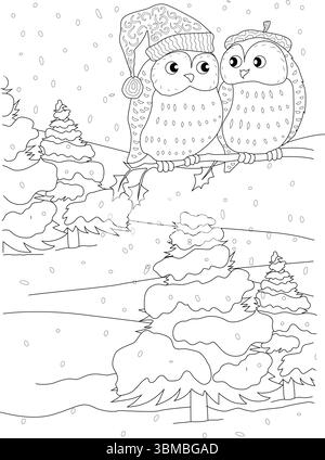Schwarz-weiße Strichgrafik-Illustration zum Färben mit einem niedlichen Cartoon-Eulenpaar, das auf einem schneebedeckten Baumzweig sitzt. Eine Eule trägt ein fest Stock Vektor
