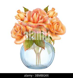 Orangen-Rosenstrauß in einer runden Glasvase. Aquarellblumenzeichnung im zarten botanischen Stil. Handgemalte Illustration auf weißem Hintergrund. Ideal für Karten, Dekorationen, Verpackungen und Einladungen. Stockfoto