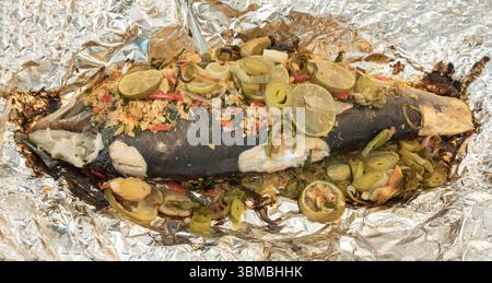Gebackener ganzer Lachs mit Kräutern im Ofen, Zutaten sind Korianderwurzel, Ingwer, Galangal, Kaffir-Limette, Lauch, gehackt und Bird's Eye Chil Stockfoto