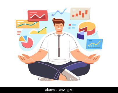Geschäftsmann analysiert Finanzgrafiken und Diagramme für Investitionsentscheidungen. Datenanalyse, strategische Planung Stock Vektor