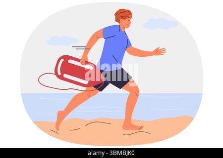 Mann Rettungsschwimmer läuft am Strand entlang, um das Leben eines Menschen zu retten, der Hilfe braucht, der im Meer ertrinkt Stock Vektor