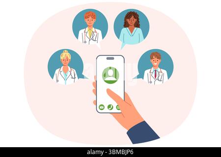 Ärzte am Telefon in der Hand des Patienten, für Konzept, das medizinische Personal zu Hause anruft, für erste Hilfe Stock Vektor