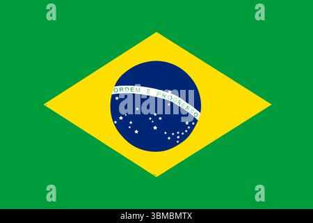 Die brasilianische Flagge ist flach mit gelben Diamanten, blauem Kreis, weißem Banner und Sternen zu sehen Stockfoto