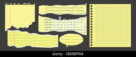 Set aus gelben, gerissenen Papierelementen für Collage- und Social-Media-Design. Notizbuchschrott mit zerrissenen, zerklüfteten Rändern. Stock Vektor