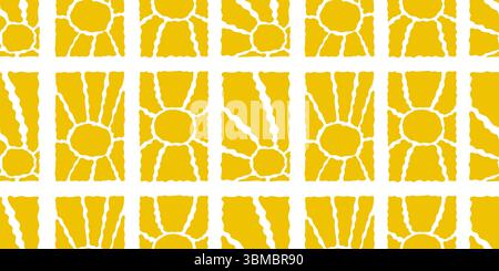 Grooviges Sonnenmuster Set. Vektorwellenförmiger geometrischer Sonnenschein in den 60er, 70er Jahren Abstrakter Retro-Hintergrund im Freehand-Hippie-Stil für Design, Verpackung Stock Vektor