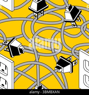 Nahtloses Steckermuster. Hintergrund der verwickelten Drähte. Elektrische Geräte, die mit der Netzwerkstruktur verbunden sind Stock Vektor