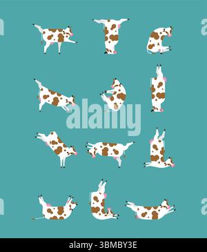 Kuh-Yoga-Set-Posen. Ländliche Yogi. Kühe, die entspannende Gymnastik machen. Rinder entspannen Stock Vektor