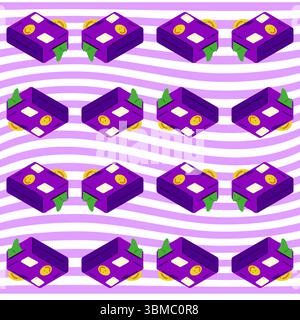 Nahtloses Cartoon-Reisekoffer-Muster. Isometrische lila Reisekoffer mit Aufklebern und Tags auf gewelltem lila gestreiftem Hintergrund. Flache Zeichentrickserie Stock Vektor