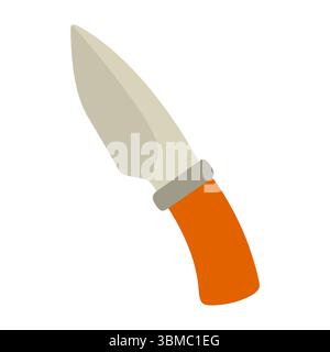 Cartoon Camping Knife Symbol. Flache Zeichentrickdarstellung eines Campingmessers mit breiter Klinge und orangefarbenem Griff. Isoliert auf weißem Hintergrund. Stock Vektor