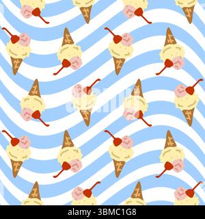 Nahtloses Cartoon-Eismuster. Niedliche Waffelkegel mit Vanille- und Erdbeerlöffeln, gekrönt mit Kirsche auf gewelltem blau-weißem Hintergrund. Flach Stock Vektor