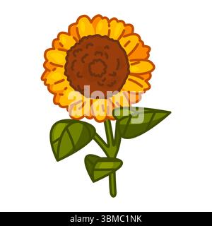 Cartoon Sonnenblume mit grünen Blättern. Hellgelbe Sonnenblume mit braunem Zentrum und grünen Blättern. Niedliche Zeichentrickfigur mit auffälligem Umriss, isoliert Stock Vektor