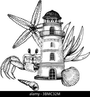 Schwarz-weiß-Vektorillustration. Komposition am Meer mit einem Leuchtturm, einer Krabbe, einem Seestern, Muscheln, Küstenpflanzen. Handgezeichnete grafische Skizze Stock Vektor
