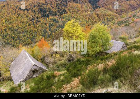 Typische Hütten, Bausen, Aran-Tal, Pyrenäen-Gebirge, Spanien, Europa Stockfoto
