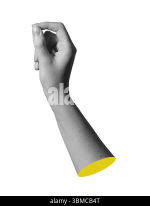 Hand halten und drücken dünne, unsichtbare Karte mit gekräuseltem Daumen und Zeigefinger in dezenter Griffgeste. Nahaufnahme der natürlichen Haut und des Handgelenks. Isoliert Stockfoto