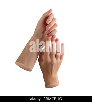Hände mit gepflegter Maniküre und glatten Nägeln, die sich sanft berühren. Feminine, weiche Haut mit zarten Pflege- und Wellness-Fokus, aufgeräumte Finger und Handgelenk. Stockfoto