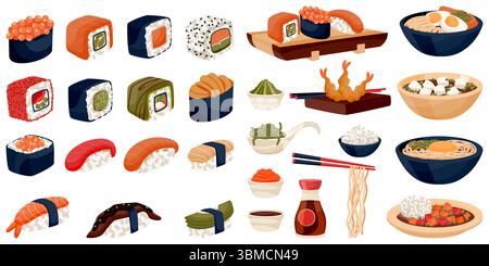 Japanisches Essen. Sushi-Brötchen, Ramen, Tempura-Garnelen, Miso-Suppe, Udon, Reis Vektor flache Zeichentrickillustration. Design-Elemente für traditionelle Mahlzeiten, Stock Vektor