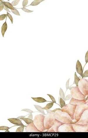 Aquarell weiche rosa Blumen mit grünen Zweigen Blätter Rahmen Illustration Pfingstrosen Rosen handgezeichnet Pastell Farben Retro Stil. Vorlage Herbst für Stockfoto