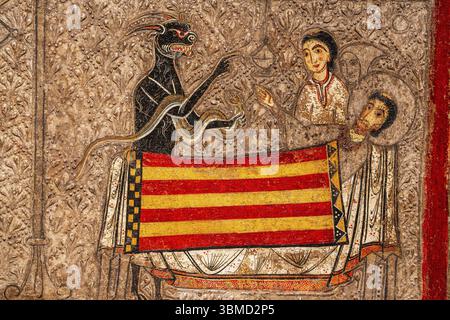 Teufel verlockend zwei Apostel, Altar von IX., 12. Jahrhundert, Tempera und Ueberreste von farbigen Metall Blaetter auf Holz, Kirche San Martin d IX, Stockfoto