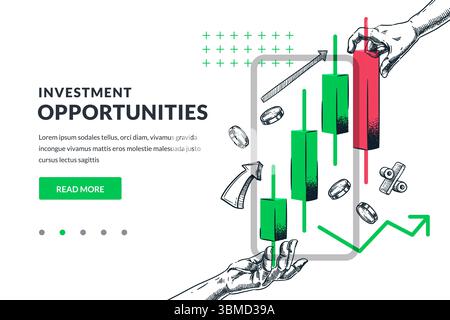 Hände, die rote und grüne Börsenkerzen auf dem Smartphone halten. Illustration der flachen Collage der Vektorskizze. Investitions-, Handels-, Finanz- und Finanzstra Stock Vektor