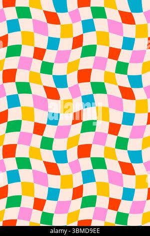 Grüne und rosafarbene Hintergründe oder Poster mit gewelltem Karomuster. Nahtloser, psychedelischer Retro-Vektor für Geschenkpapier oder lustiges Branding. Ziehen Sie zu Farbfeldern Stock Vektor