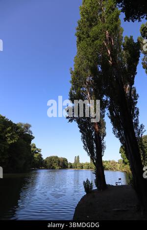 MÜNCHEN, DEUTSCHLAND - 24. JUNI 2025: Morgenblick auf Bäume und Wasser im Hofgarten, reflektiert im ruhigen See unter klarem blauen Himmel Stockfoto