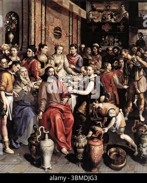 VOS, Marten de (* 1532, Antwerpen, d. 1603, Antwerpen) die Heirat bei Cana 1596-97 Öl auf Platte, 268 x 235 cm O.-L. Vrouwekathedraal, Antwerpen das Gemälde zeigt das erste Wunder Christi. Als der Wein bei einer Hochzeit ausging, bei der Jesus und seine Mutter Gäste waren, verwandelte er das Wasser in den besten Wein – ein perfektes Thema für den Altar der Tavernen-Pförtner in der Kathedrale von Antwerpen. Die Gilde wurde von Marten de Vos beauftragt, der zu dieser Zeit ein sehr berühmter Künstler war. Die Zeit, die er in Venedig verbrachte, hatte einen deutlichen Einfluss auf seine Arbeit. Der Hochzeitsempfang findet in einer attraktiven Renaissance statt Stockfoto