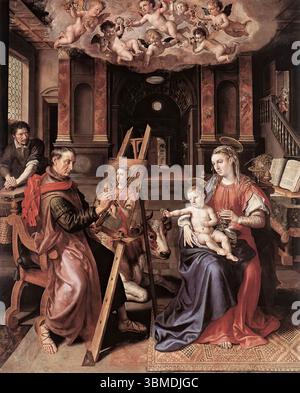 VOS, Marten de (* 1532, Antwerpen, d. 1603, Antwerpen) St. Lukas Gemälde die Jungfrau Maria 1602 Öl auf Tafel, 270 x 217 cm Koninklijk Museum voor Schone Kunsten, Antwerpen Maarten de Vos, der die Brüderschaft der Romanisten in Antwerpen gründete, war Frans Floris bester Schüler und Nachfolger. Seine Werke sind klare Vorläufer des Barocks aus dem 17. Jahrhundert. Das Gemälde der Heiligen Lukas ist ein spätes Werk von de Vos, der 1603 starb. Sein reichhaltiger und abwechslungsreicher Umgang mit Farben könnte auf die sechs Jahre zurückgeführt werden, die er in Florenz, Rom und Venedig verbrachte (wo er bei Tintoretto studierte); seine Gemälde sind kl Stockfoto