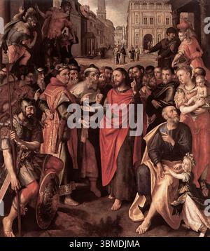 VOS, Marten de (* 1532, Antwerpen, d. 1603, Antwerpen) The Emperor's toll 1601 Oil on Panel Koninklijk Museum voor Schone Kunsten, Antwerpen die Emperor's toll war die zentrale Tafel des Triptychons der Münzmachergilde aus der St. Andrew Church in Antwerpen. Es ist ein spätes Werk von de Vos, der 1603 starb. --- Schlüsselwörter: ----------------- Autor: VOS, Marten de Titel: Die Maut des Kaisers Zeitlinie: 1551-1600 Schule: Flämische Form: Malerei Typ: Religiös Stockfoto