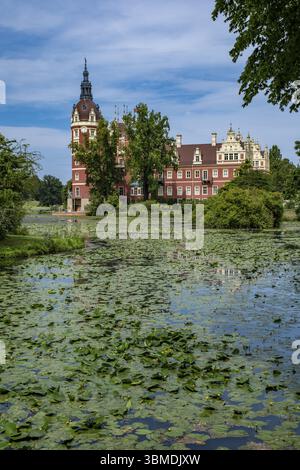 Das neue Schloss im Fuerst Pueckler Park, Muskauer Park, grenzübergreifender deutsch-polnischer Landschaftspark in der Oberlausitz, UNESCO-Weltkulturerbe Bad Mus Stockfoto
