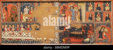 St. Michael-Platte, 13. Jahrhundert, Tempera und geprägte Metallblätter auf Tannenholz, Pfarrkirche Sant Miquel de Soriguerola, untere Cerdanya, M. Stockfoto