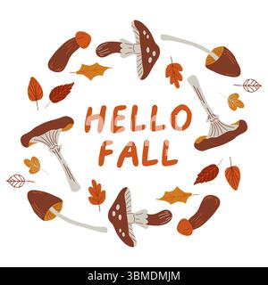 Vektorsatz von Pilzen und Blättern. Sammlung von Herbstelementen für Scrapbooking. Circle Frame mit Zitat zur Herbstsaison auf weißem Hintergrund Stock Vektor