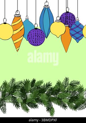 Tannenzweig und Weihnachtsspielzeug Rahmen nahtlose Randschablone. Abbildung der grafischen Vektorfarbe. Perfekt für Karten, Dekorationen, Aufkleber Stock Vektor